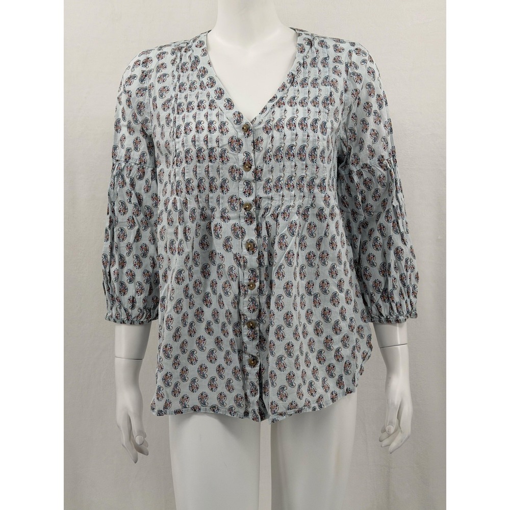 J Jill Top Womens Medium Blue Paisley Button Up 3/4 Sleeve Sheer Boho Peasant